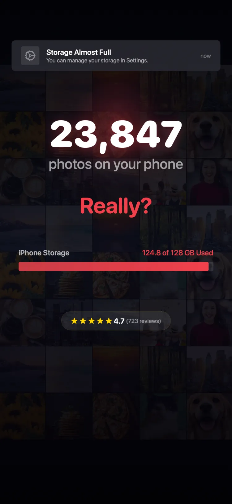 iPhone showing Storage Almost Full notification with 23,847 photos
