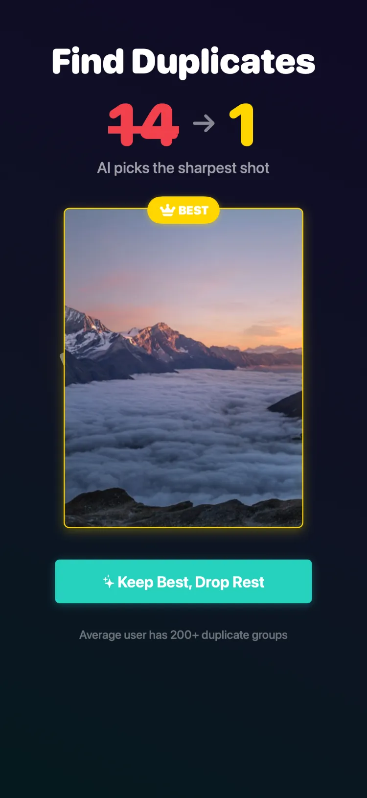 Tidy finding 14 duplicate photos and keeping the sharpest one - AI picks the best shot automatically
