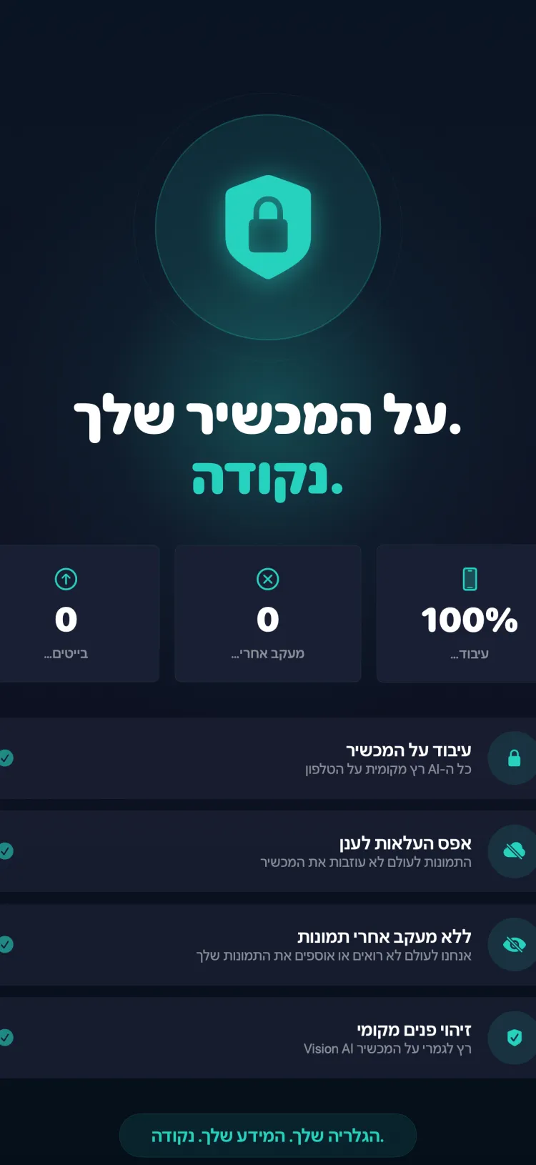 Tidy מעבד הכל במכשיר שלכם - ללא העלאה לענן, ללא מעקב אחר תמונות, 100% עיבוד AI על המכשיר