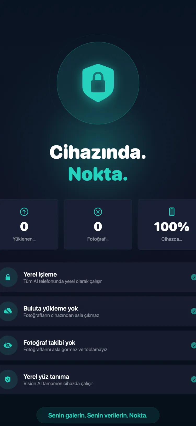 Tidy her şeyi cihazda işler — sıfır bulut yüklemesi, fotoğraf takibi yok, %100 cihaz üzerinde AI işleme