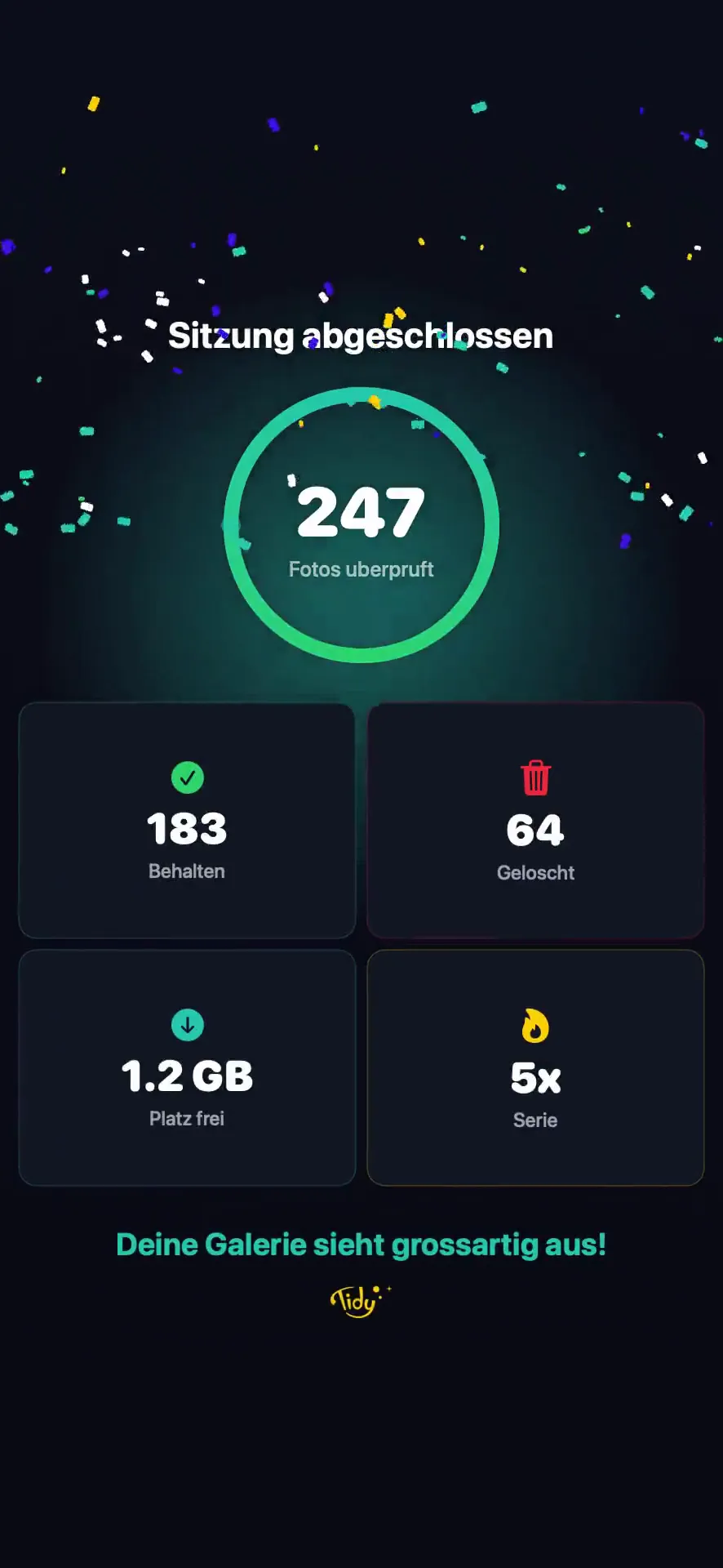 Tidy Aufraum-Ergebnis - von 23.847 auf 4.291 Fotos, 38,2 GB freigegeben