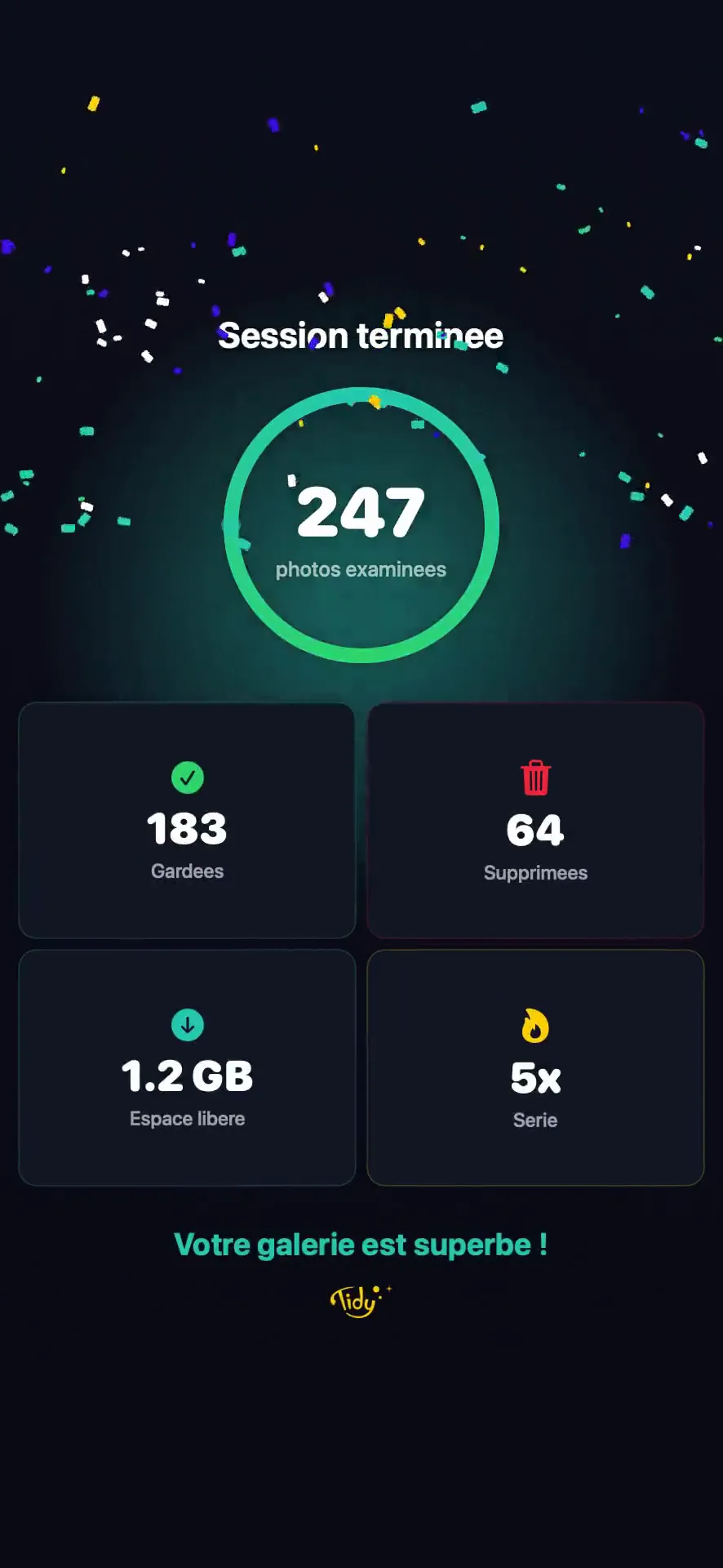Resultat du nettoyage Tidy - de 23 847 a 4 291 photos, 38,2 Go liberes